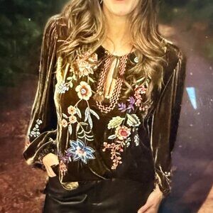 Johnny Was “Ardell” Velvet Heavily Embroidered Blouse